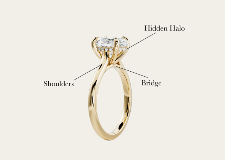 Cathedral Engagement Ring diagram showing Hidden Halo, Shoulders and Bridge